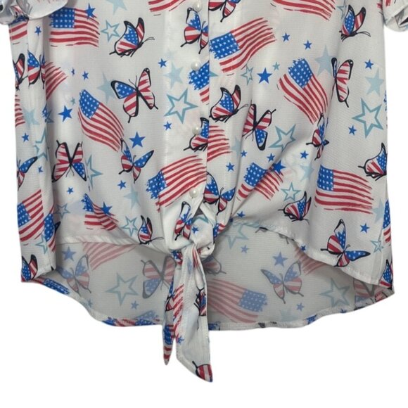 Roshop Patriotic Shirt Blouse Womens XL White Red Blue New Butterfly Flags - Picture 4 of 10